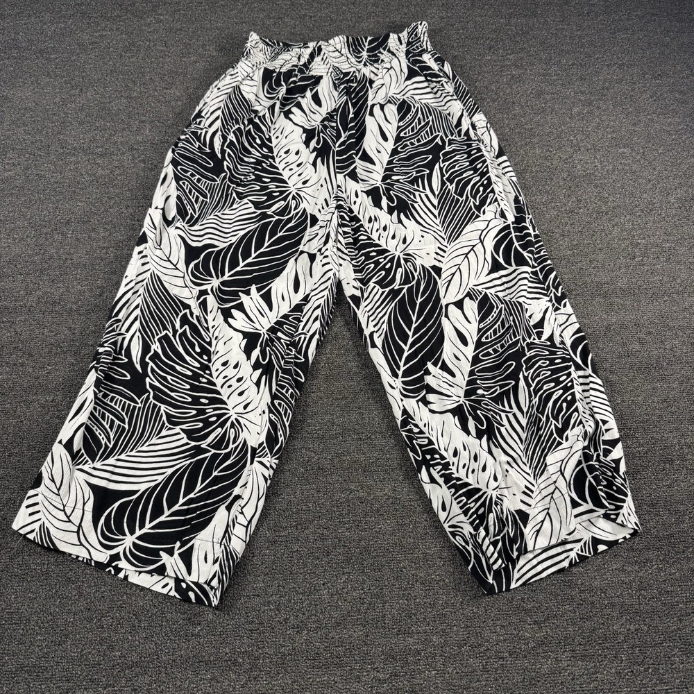 Grace Monochrome Leaf Print Wide Leg Pants Sz Large 100%Rayon With Pockets